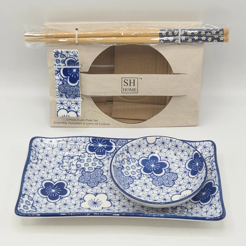 SH Home Set of 2 Ceramic Sushi Serving Plate 8x4.5 Blue White Floral Print 10pcs